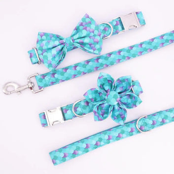 Mermaid dog collar dog girly bow with lead set for pet dog cat with rose gold metal buckle