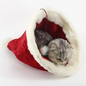 1pc Warm Pet Cave Bed Cute Pet Sleeping Bed Cat Bed House With Hanging Ball For Christmas Pet Supplies Pet Accessories