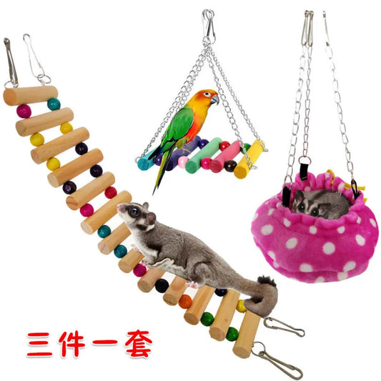 Hamster Sugar Glider Totoro Squirrel Parrot Toys Winter Warm Cotton Pet Nest Swing Climbing Ladder 3-Piece Set Bird Toys