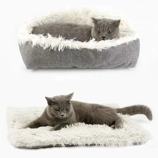 2 In 1 Warm Mat Puppy Lounger Kennel Plush Cats Beds Cat Bed And Mat Small Dog House Cushion Folding Pet Plush Basket Blanket