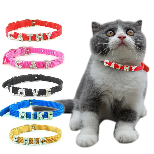 DIY Bling Personalized Cat Collar Rhinestones Nylon Free Custom Cat Name collar for Small Pet  Puppy Cat Necklace