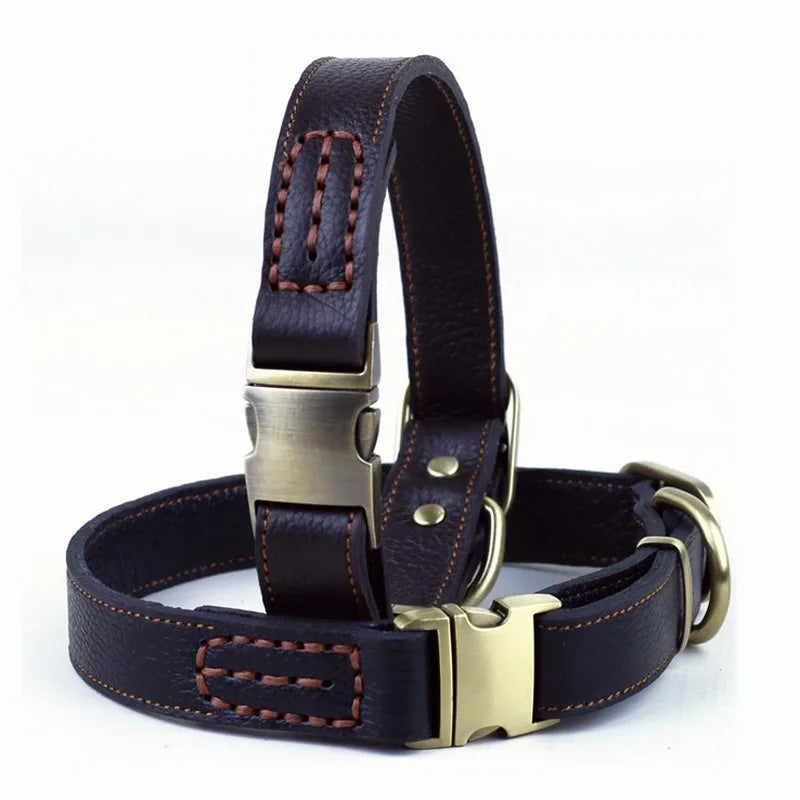 Genuine Cow Leather Dog Collar Leash Pet Leads Sets Adjustable Soft Puppy Cat Neck Strap Black&Brown For Medium Large Dog Pets