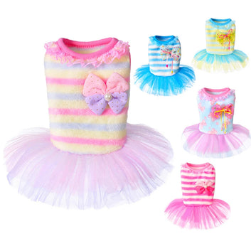 Autumn Winter Pet Dog Dresses Puppy Clothing Striped Tutu Lace Skirt Cat Outfit Coat Clothes for Small Dog Cheap Pet Apparel