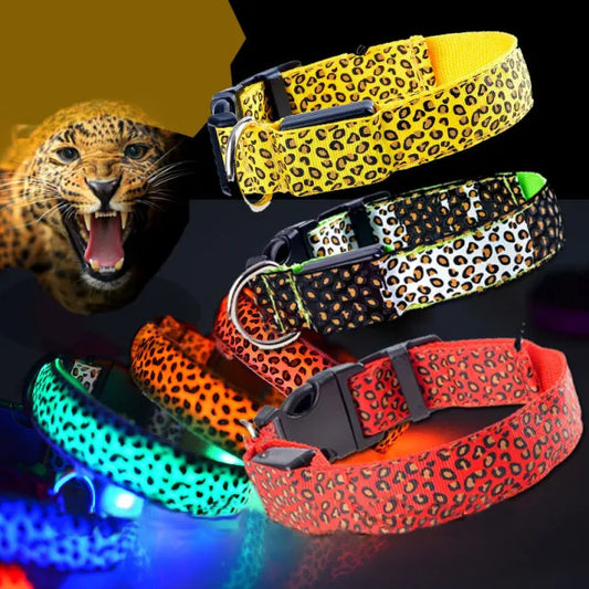 Nylon Leopard LED Pet dog Collar Night Safety Flashing Glow In The Dark Dog Leash,Dogs Luminous Fluorescent Collars Pet Supplies