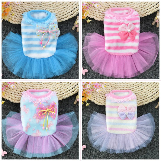 Autumn Winter Pet Dog Dresses Puppy Clothing Striped Tutu Lace Skirt Cat Outfit Coat Clothes for Small Dog Cheap Pet Apparel