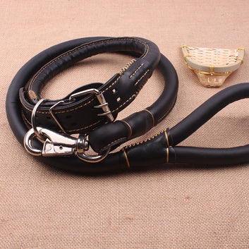 2024 Hot sale pet leash traction rope for large dog husky black color Genuine leather big pet dog collar set ZL116