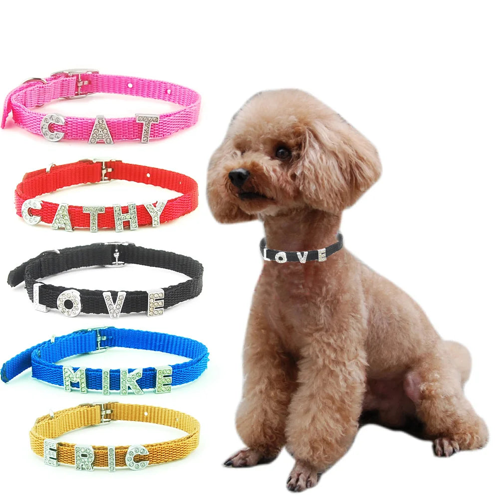 DIY Bling Personalized Dog Collar Rhinestones Nylon Free Custom Dog Cat Name collar for Small Pet  Puppy Cat Necklace