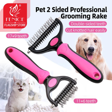 Fenice Pet Grooming Tool - 2 Sided Undercoat Rake for Cats Dogs Brush - Safe Dematting Comb for Easy Mats Tangles Removing S/L