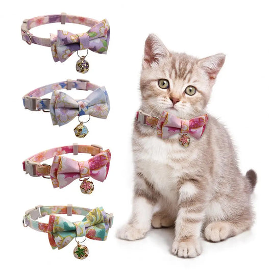 Pet Cat Neck Circle Adjustable Dog Collar Flower Printing Cat Bowknot Neck Circle with Bell