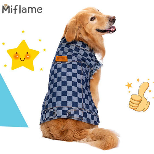 Miflame Blue Denim Big Dog Clothes Autumn Winter Golden Retriever Labrador Medium Large Dog Classic Plaid Denim Shirt Pet Hoodie