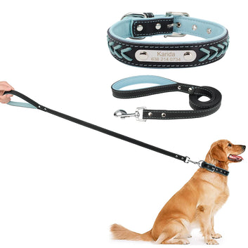 Leather Custom Pet Collar and Leash Set Adjustable Dog Collar with Matching Leash Comes with Engraving Name and Phone Tag Collar