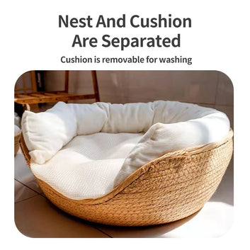 Hanpanda Summer Round Straw Weaving Dog Bed Pet Detachable Basket Deep Sleep Sofa Pet Kennel Hand Woven Nest Baskets For Dog&Cat