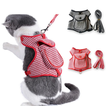 Houndstooth Small Vest PetDog Backpack Harness With Pocket Leash Lead Set Outdoor Pet Collar Walking Puppies Cats Carrier Bags