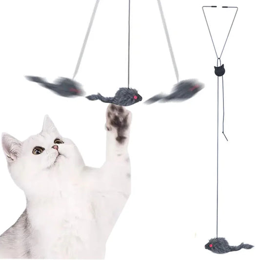 Interactive Cat Toy Hanging Door Retractable Cat Scratch Rope Mouse Long Stick Funny Cat Stick Toy for Indoor Cats Play Exercise