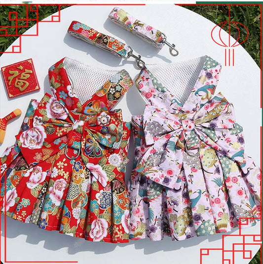 2023 New Pet Dog Harness and Leash Vest Breathable Checked Bowknot Cat Dress Teddy Bichon Dog Clothes Spring and Summer Outdoor