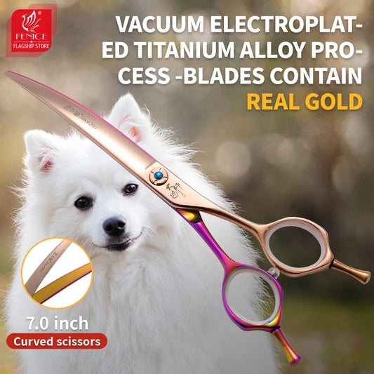 Fenice Peofessional 7.0 Inch Gold JP440C Pet Grooming Shears Cutting Curved Thinning Chunker Scissors for Dog Face Body Tesoura