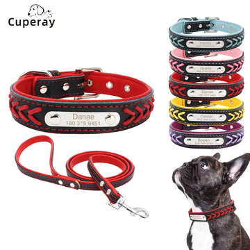 Leather Custom Pet Collar and Leash Set Adjustable Dog Collar with Matching Leash Comes with Engraving Name and Phone Tag Collar