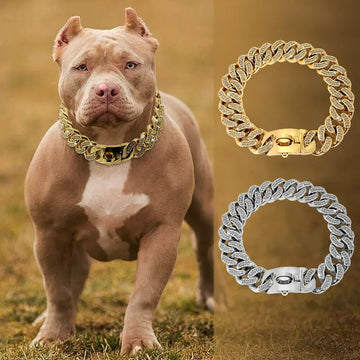 32MM Large Dog Choke Chain Collar Heavy Duty Crystal Cuban Link Thick Stainless Steel Dog Harness Dog Collar Pet Accessories