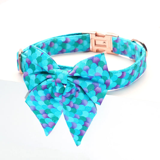 Mermaid dog collar dog girly bow with lead set for pet dog cat with rose gold metal buckle